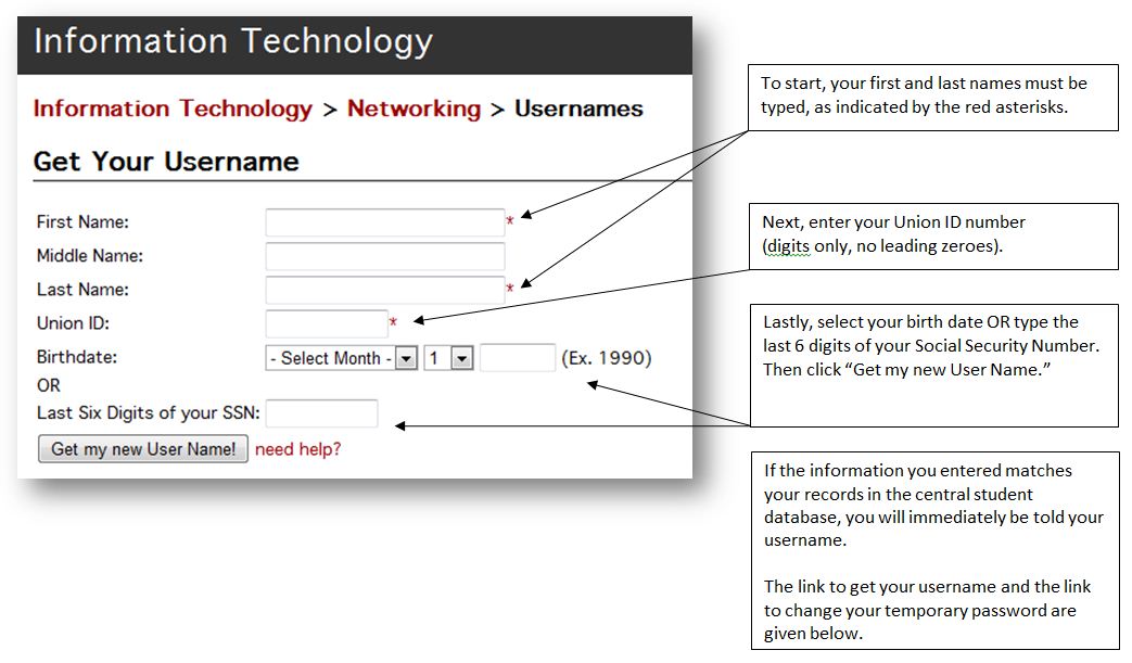 Screen shot of username lookup page