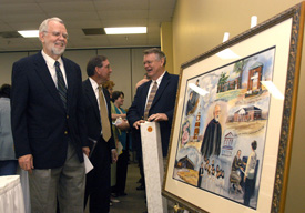 A painting was commissioned to honor Dr. Joseph Blass (left), university professor of music. The painting by Mary Spellings depicts scenes from Blass' 45-year career at Union.