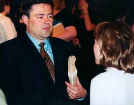 Mark Dever briefly visited with students and faculty after recently speaking in chapel. Here he speaks with Wendy Veazey,('01) and an enrollment counselor for the university.