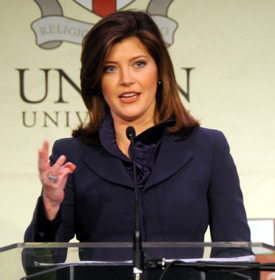 NBC correspondent Norah O'Donnell discusses the 2008 presidential campaign during the Oct. 22 Union Forum luncheon. (Photo by Morris Abernathy)