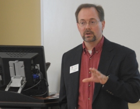 Engineering professor Randy Schwindt talks at a CGE conference workshop about the work that Union teams have done in North Africa in recent years. (Photo by Morris Abernathy)