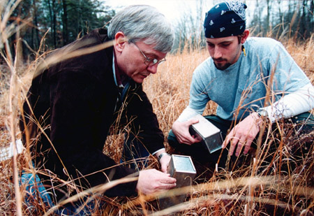 Dr. James A. Huggins, University Professor of Biology and Department Chair, works with Union senior and biology major Josh Mann, capturing small mammals for a small mammal diversity study.