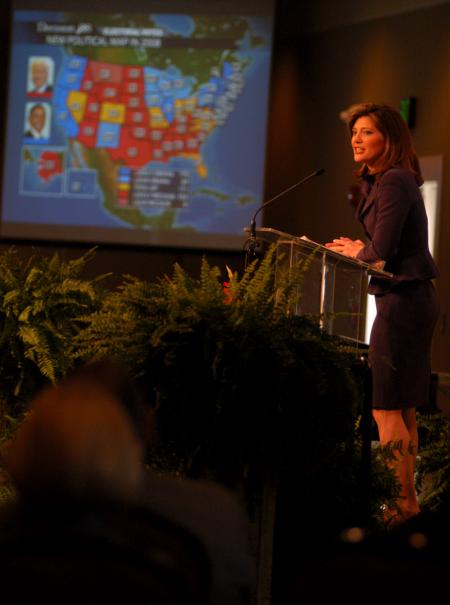 MSNBC's Norah O'Donnell reviews an electoral map before the election at the 2008 Union Forum.