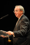 President Dockery addressed about 1,700 people at the Carl Perkins Civic Center in Jackson, Tenn., as part of a special service to mark the one-year anniversary of the tornado that hammered the campus and caused $40 million in damage. - Photo by Morris Abernathy