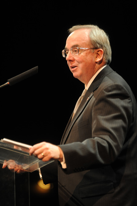 President Dockery addressed about 1,700 people at the Carl Perkins Civic Center in Jackson, Tenn., as part of a special service to mark the one-year anniversary of the tornado that hammered the campus and caused $40 million in damage.
