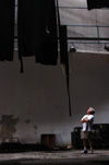 5/5/03 - Union theatre professor David Burke assesses the damage incurred to the roof of the Carl Perkins Civic Center, site of the upcoming 2003 Scholarship Banquet with Benjamin Netanyahu.