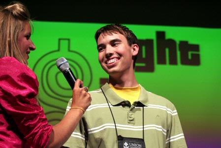 Jonathan Gwaltney, freshman, answers questions from one of the hosts of the SAC Game Show, Right is the Price.
