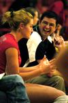 Coach Steven Gream celebrates a victory on the sidelines with Caroline Robbins during the match against Brescia (Ky.). - Photo by Sarah Palmer