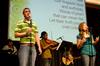 Music majors Jamie Evans and Kristen Voorhies lead in worship during a chapel service. - Photo by Sarah Palmer