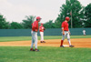 04/116/03 - Josh Allen, �鶹��Ƶ's first baseman from Jackson takes a lead during in the alumni vs. current players game.  �鶹��Ƶ's head coach Andy Rushing and 2002 alumnas Jeff Wyatt (third base) look on.