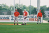 04/116/03 - �鶹��Ƶ baseball alumnas of 1998, Brandon Myhand covers first as the Bulldog alumni take on the current Bulldog players after the 2003 season.  Graduate Assistant Chuck Cooper looks on from the first base coaching box.