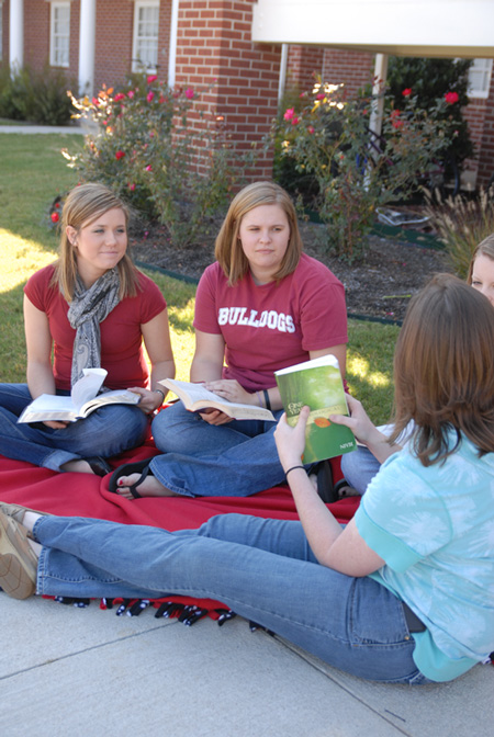 Once a week a Bible study group meets to have in-depth discussion about Bible passages that they've read in chronological order. Here Jordan Fry, Christa Echols, Rachael Taylor, and Tiffany Knight meet about next week's reading.