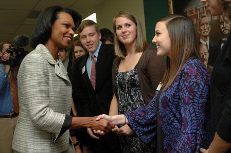 Former Secretary of State Condoleezza Rice greets Autumn Baldock, junior chemistry major, outside the president's office before the 2009 Scholarship Banquet.