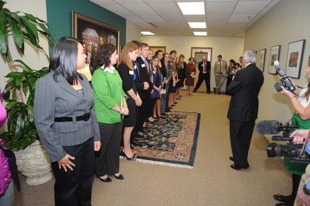 President Dockery talks with members of the Union community as they await the arrival of Former U.S. Secretary of State Condoleezza Rice.