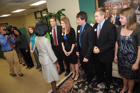 Former U.S. Secretary of State Condoleezza Rice talks with SGA President Courtney Bragg, senior TESL major, during a reception before the 2009 Scholarship Banquet.