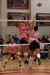 10/13/09 - Anna Sims (17) sophomore  and Kelsey Duling (6) junior go up for the block during the Lady Bulldog Volleyball vs. Freed Hardeman University game (ACS Dig Pink Night) on  October 13, 2009.   - Megan Bailey