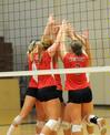 Union volleyball team celebrates a point in the 3-2 win over Bethel. - Photo by Morris Abernathy