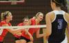 Lauren Sprouse (left) and Katie Adams await the next serve. - Photo by Morris Abernathy