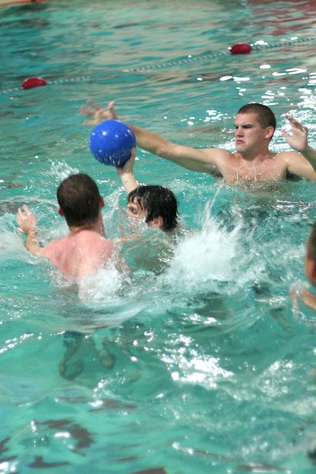 Lambda Chi and the SAE Goats compete in an intramural water polo tournament. 