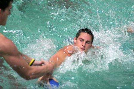 Lambda Chi and the SAE Goats compete in an intramural water polo tournament. 