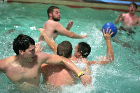 Lambda Chi and the SAE Goats compete in an intramural water polo tournament. 