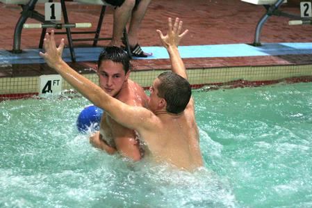 Lambda Chi and the SAE Goats compete in an intramural water polo tournament. 