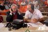 Union's radio announcer, Gerry Neese, interviews Dr. David Dockery, president of Union University, after the Lady Bulldogs won the NAIA Championship game.  - Photo by Morris Abernathy