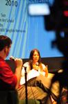 Cam Tracy, web development agent, interviews Beth Spain, junior journalism major, about her documentaries at the 2010 Student Film Festival. - Photo by Ryan Oetting