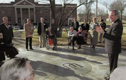 2/8/2002 - Fourteen members of the Class of 1952 returned to Union's old campus as part of their fifty-year reunion celebration.  President David S. Dockery officially dedicated a new <i>circle</i> on the campus, calling it <i>hallowed ground</i>. (ID: 140)