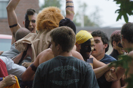 The brothers of SAE celebrate the acceptance of new brothers during Bid Day 2003.