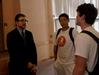 Taylor Worley, associate dean for spiritual life and assistant professor of Christian thought & tradition, speaks with Kevin Ung, senior sport management major, and Phillip Johnson, junior engineering major, after his sermon in chapel.  - Photo by Ebbie Davis