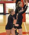 09/252/10 - Heather Lieberman (top), Shelby Swink and Caroline Robbins prepare to block the opponent's attack.