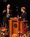 10/19/10 - Dr. David S. Dockery, president of Union University, asks Laura Bush, former first lady of the United States, questions prompted by the attending donors and students of Union University at the 13th Annual Scholarship Banquet. 
