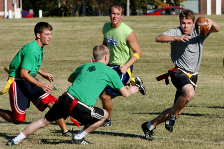 Onions and SAE 3 play hard and tough during a flag football game. SAE 3 eventually won, 19-13.