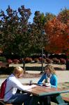 Josh Smith, senior conservation biology major, and Charlotte Cline, senior applied linguistics major, enjoy the gorgeous Fall weather on campus.  - Photo by Deanna Santangelo