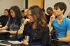 Kylie McDonald, sophomore political science major, Amanda Parrish, junior journalism major, and Alex Green, senior broadcast journalism major, listen as a panel of Union political science professors discuss the results of the mid-term election. - Photo by Victoria Stargel