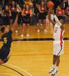 11/310/10 - �鶹��Ƶ Bulldog Antoine Hall shoots over the head of his Truett-McConnell College opponent in the homecoming game. The Bulldogs emerged with a victory of 79-69.