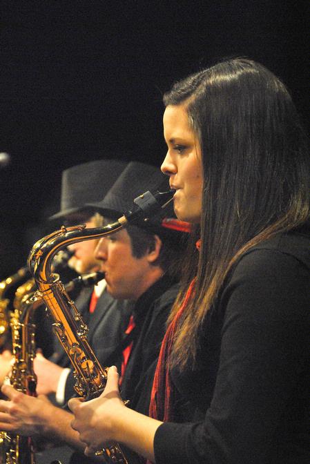 Abby Williams, freshman music major, plays tenor saxophone in Union's Jazz Band as they perform a variety of musical selections.
