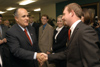 SGA President Keelan Cook welcomed former New York City Mayor Rudolph Giuliani to Union's campus shortly before the 2003 Scholarship Banquet.  Other students pictured from left to right include Chad Farneth, Nathan Robertson, Allie Campbell, and Kerra Kunce. - Photo by Jim Veneman