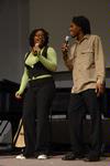 Treasure Hightower, junior dms major, and Derique Cannon, sophomore engineering major, sing a duet as part of the MOSAIC Choir performance at the beginning of chapel. - Photo by Victoria Stargel