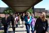 Student Ambassador Rachael Taylor, junior learning foundations major, takes prospective students to the Blasingame Academic Complex during a tour of the Union University campus.  - Photo by Victoria Stargel