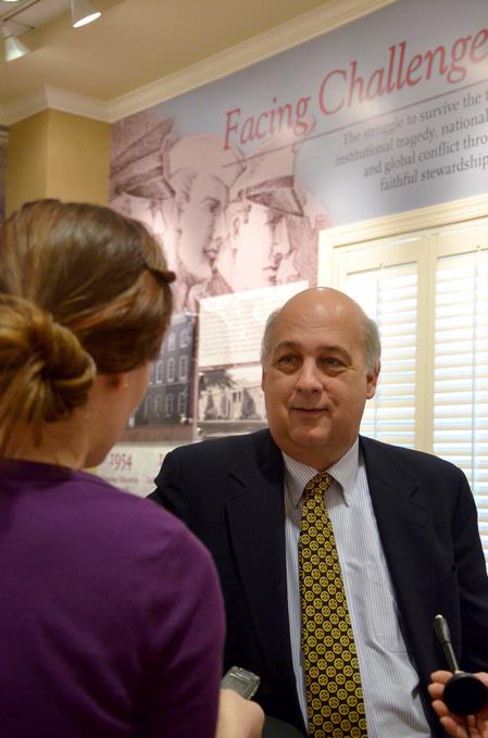 Scott Rasmussen, founder and president of Rasmussen Reports, answers questions during a small press conference before Union Forum in the Carl Grant Event Center.