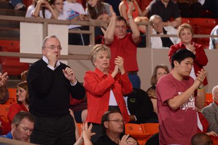 David and Lanese Dockery, president and first lady of the university, cheer on the Lady Bulldogs during game two of the NAIA National Championship.