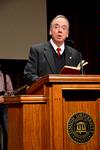 David S. Dockery, president of the university, introduces Russell D. Moore as speaker for chapel during the Crabtree Family Life Series. - Photo by Deanna Santangelo