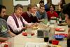 Nigel Goodwin, founder of Genesis Arts Trust, has lunch with Union students in the Brewer Student Dining Hall. - Photo by Deanna Santangelo