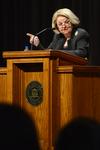 Mary McCleary, Regent’s Professor of Art Emeritus at Stephen F. Austin State University in Nacogdoches, Texas, speaks to students and faculty during chapel. - Photo by Beth Spain