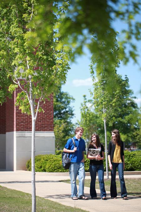 Students walk across campus on a gorgeous day. 