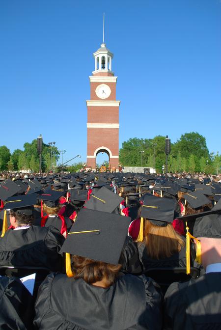 Students fill the seats during the spring graduation on the Great Lawn.