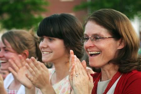 The Cline family celebrates as they learn that Kate Cline was awarded the Tigrett Medal at spring graduation.