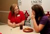 Ann Singleton, associate dean of education, talks with Allie Fuqua, freshman special education major, during Dinner with your Department in the Carl Grant Event Center. - Photo by Deanna Santangelo